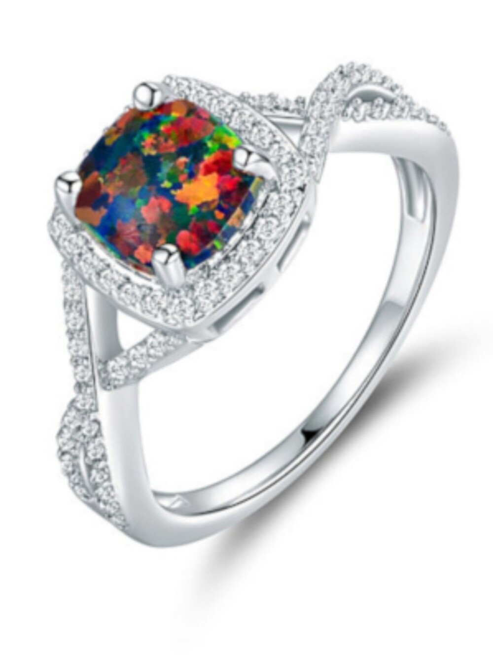 Silverplated Simulated Fire Opal Center Stone, W/Cubic Zironia Accents New Sz.9